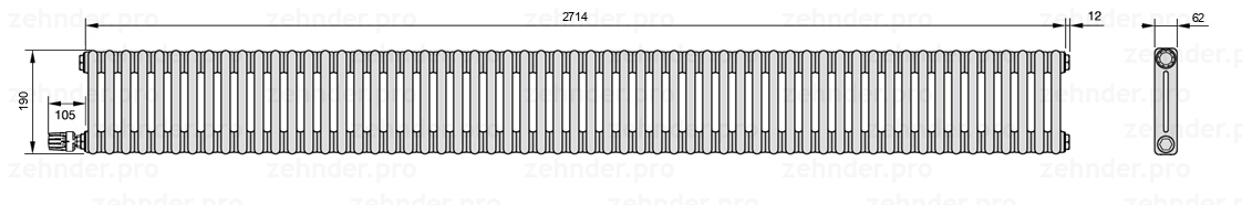 Схема (чертеж) Радиатор Zehnder Charleston 2019/59 №V003 Белый глянцевый RAL 9016
